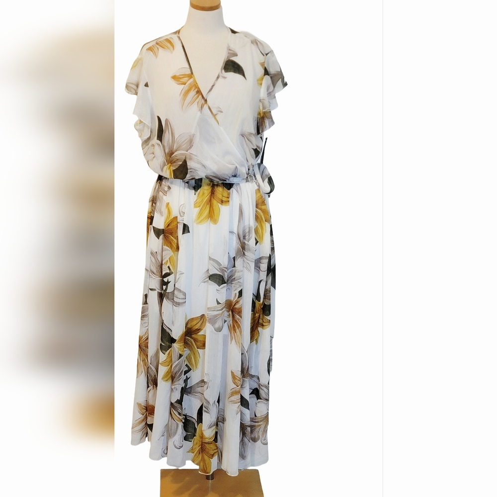 Enfocus Floral Sheer Shimmer Wrap Belted Garden Girl Cocktail Midi Dress